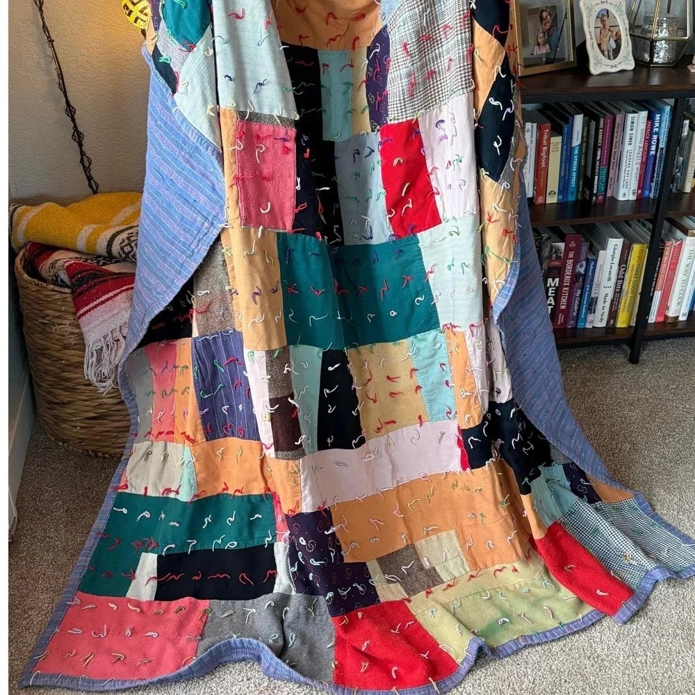 Vintage Handmade Scrap Patchwork Quilt – Mixed Cotton & Wool –‎ Tied Quilt